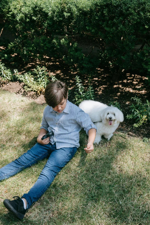 a boy sitting in the grass with a dog near by