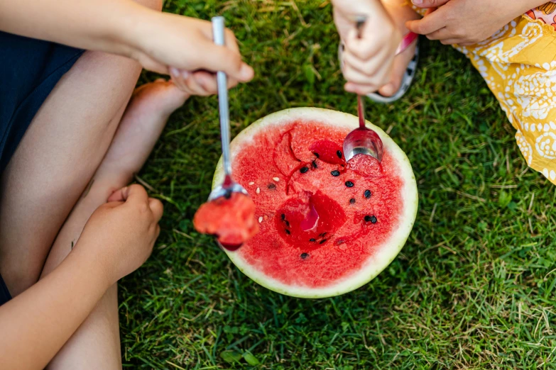 four people sit on the ground holding forks and eating watermelon