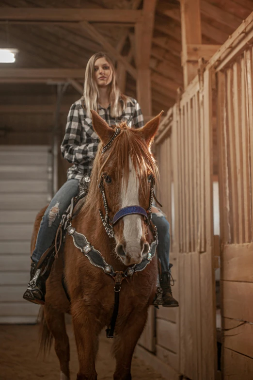 a person in plaid shirt riding a horse near some wooden steps