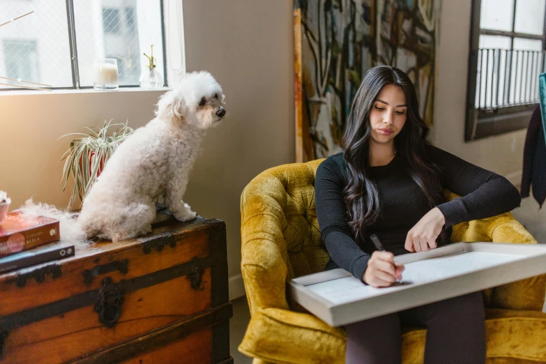 a woman sitting on a yellow chair next to a dog