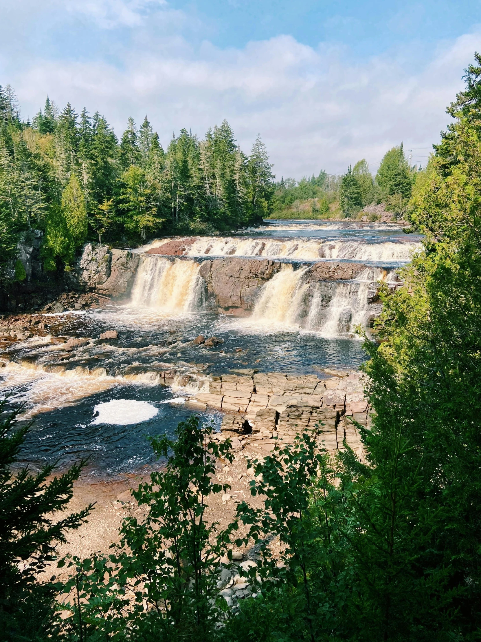 a couple of waterfalls are shown near many trees