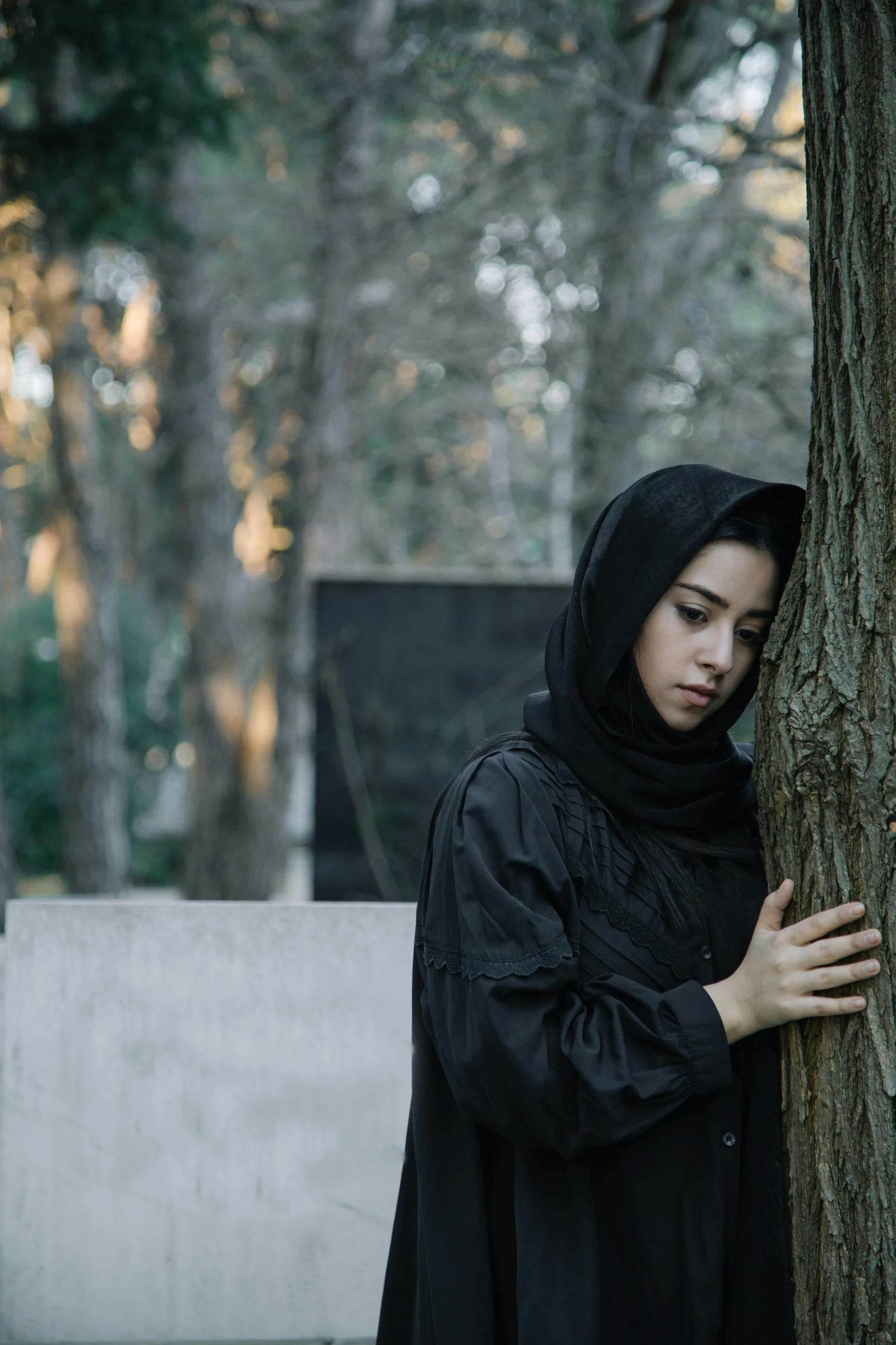 a woman hugging a tree in the middle of a park