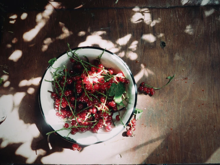 red berries in a white bowl on top of a table