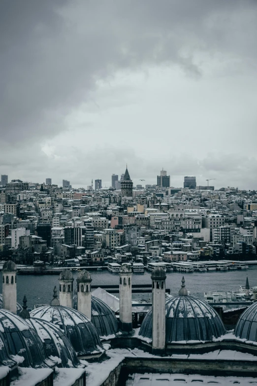 some buildings with towers and domes are covered in snow