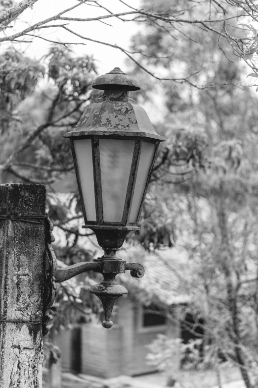 black and white pograph of street light on wooden post