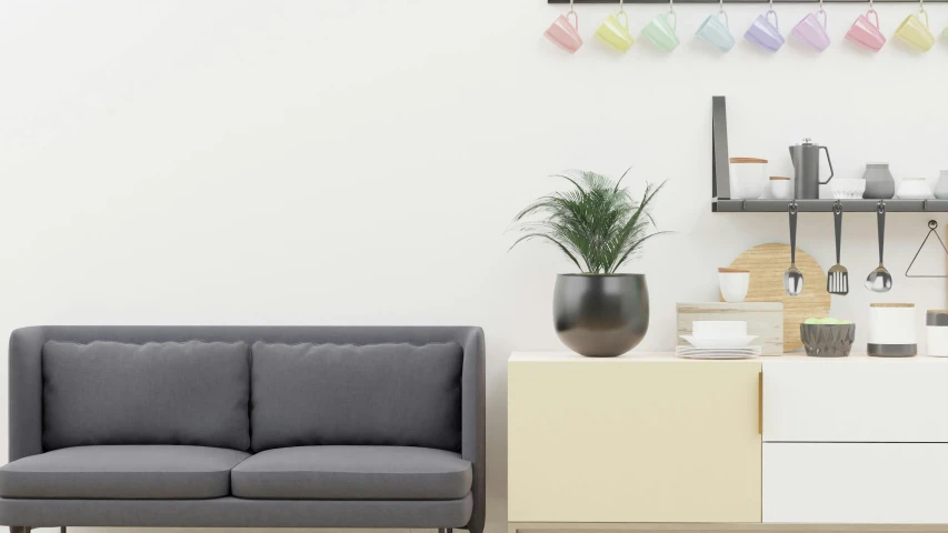 a living room with gray and white furniture