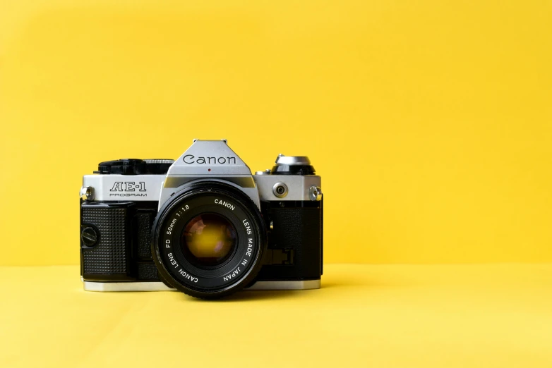 a camera sits on a yellow background