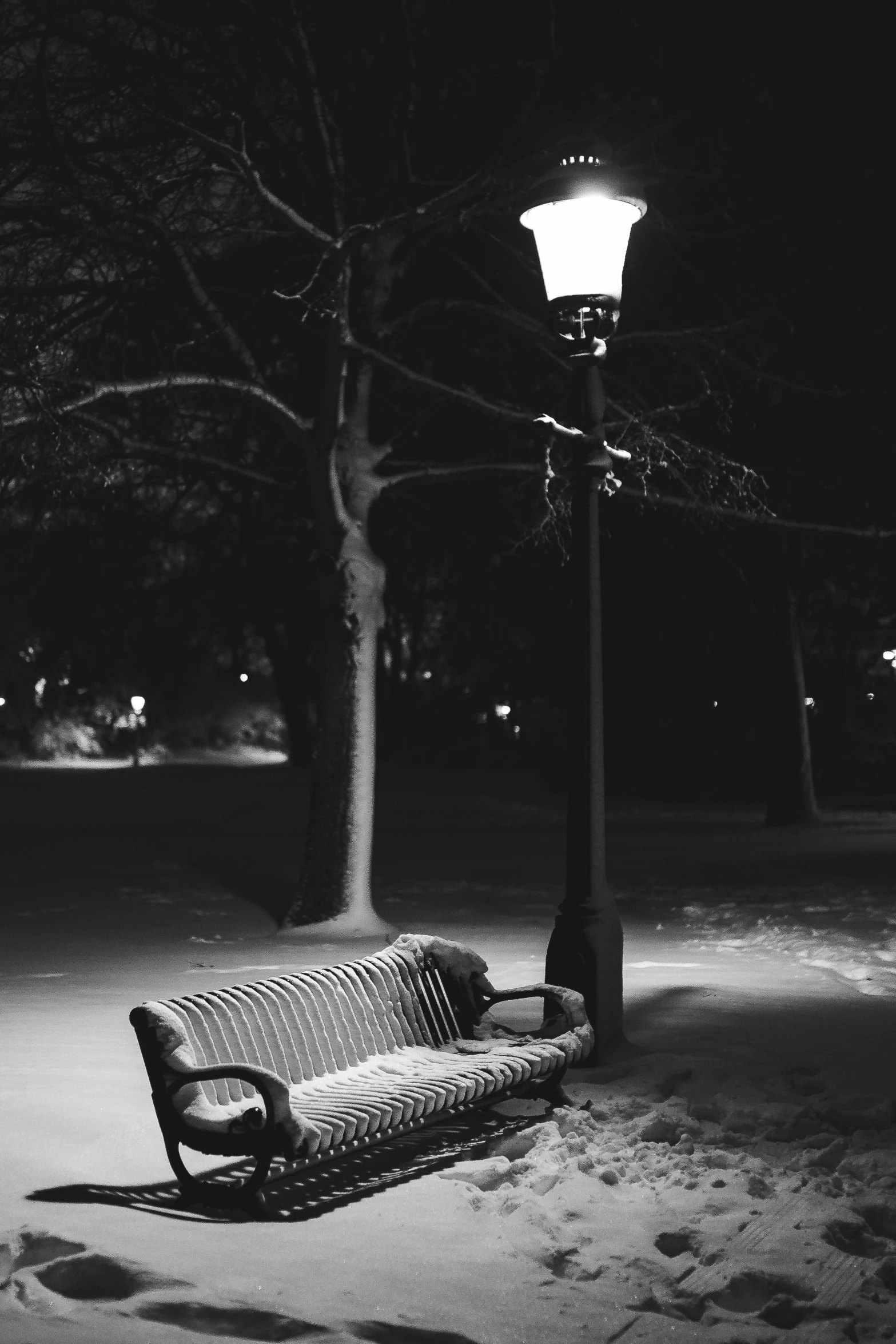 a bench and lamp on a snowy night