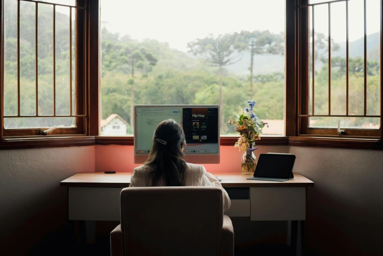 the woman is at the computer on the desk