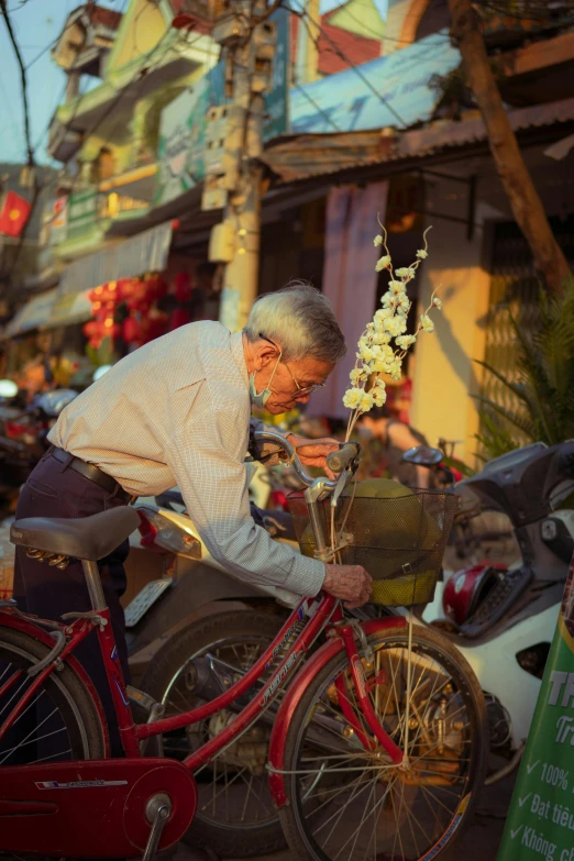 a person sitting on a bike and looking at a plant