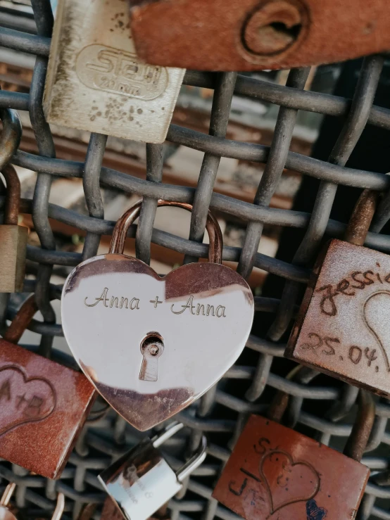 several locks attached to a metal gate with the names of two people in them