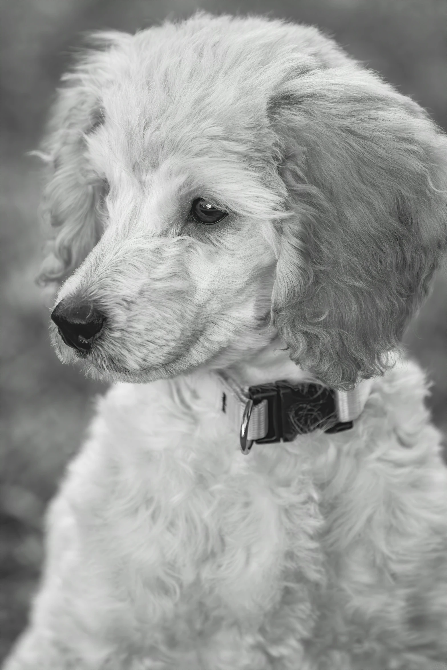 black and white pograph of a small white poodle with its head tilted down