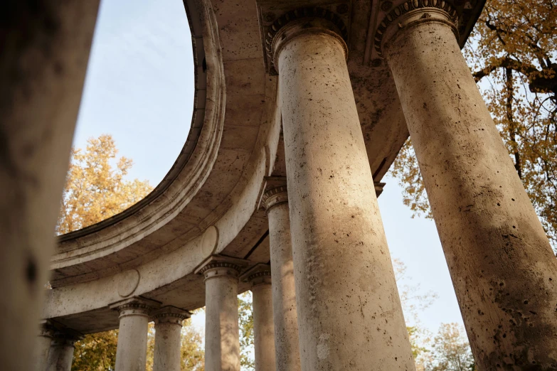 the top of columns of a marble structure, with trees in the background