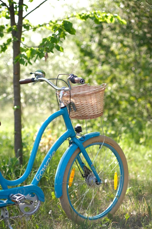 a blue bike sitting outside in the grass