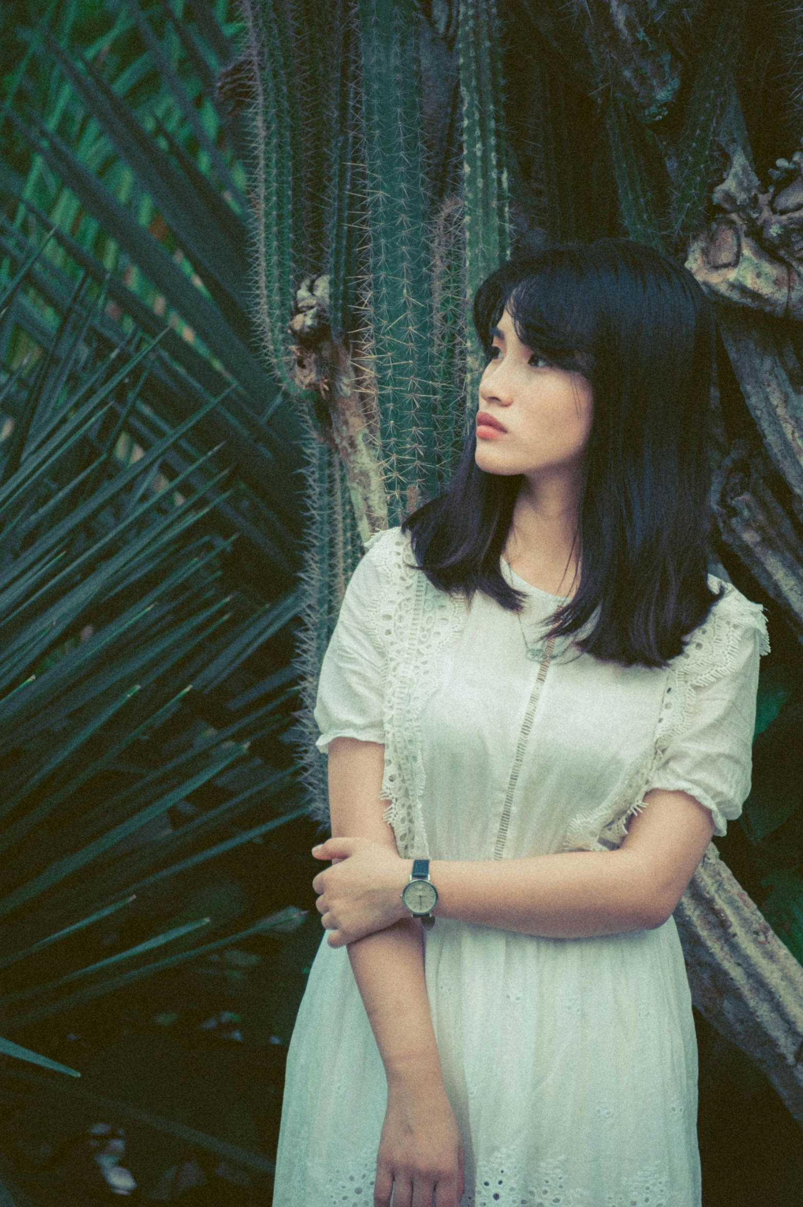 woman in white dress standing in front of cactus plants