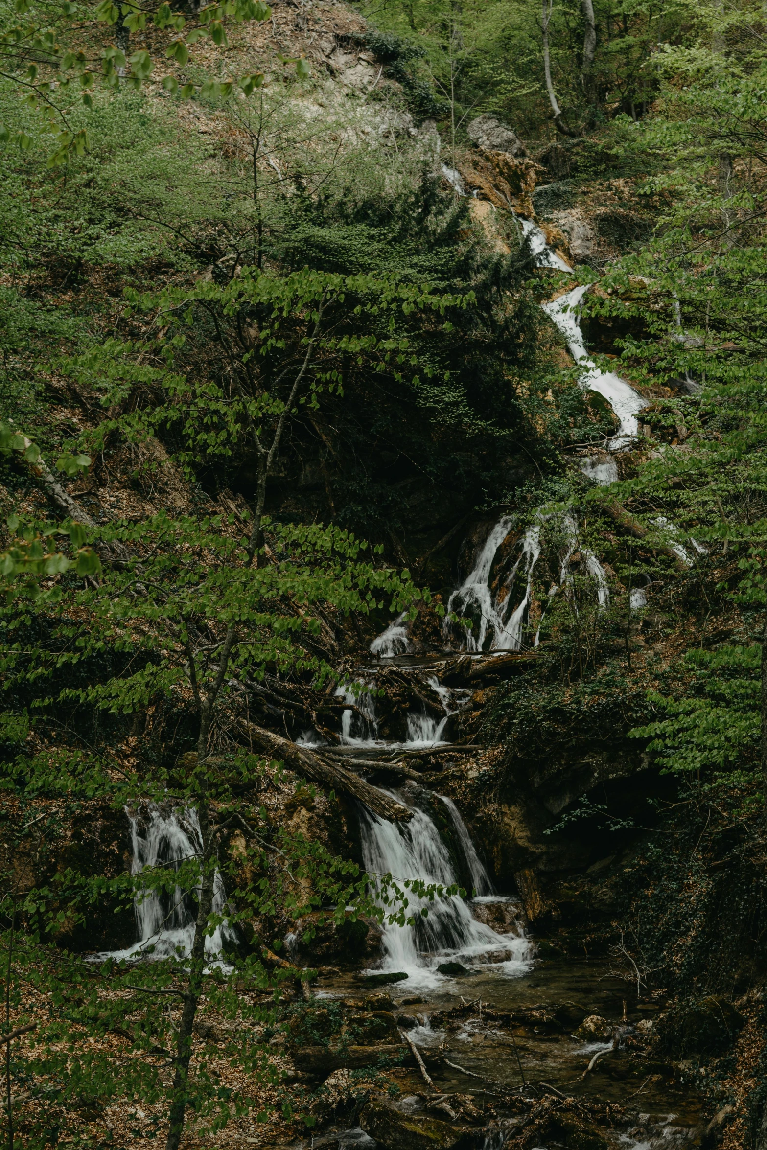 there is a waterfall and creek on the side of the hill