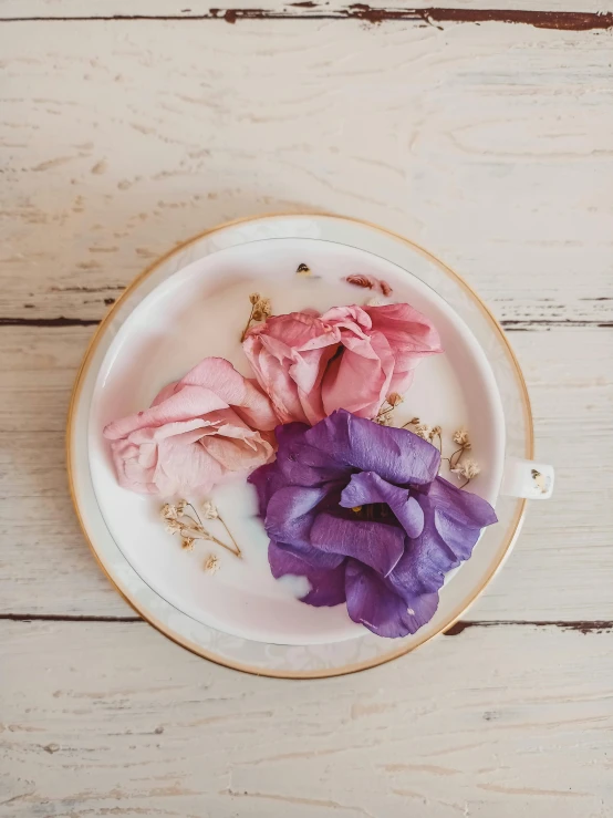 a plate with three pieces of flower next to each other