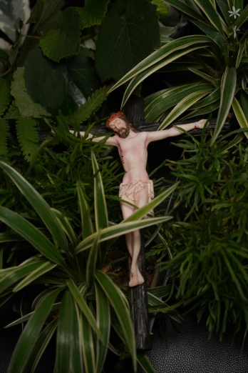 a statue is laying in a field of plants