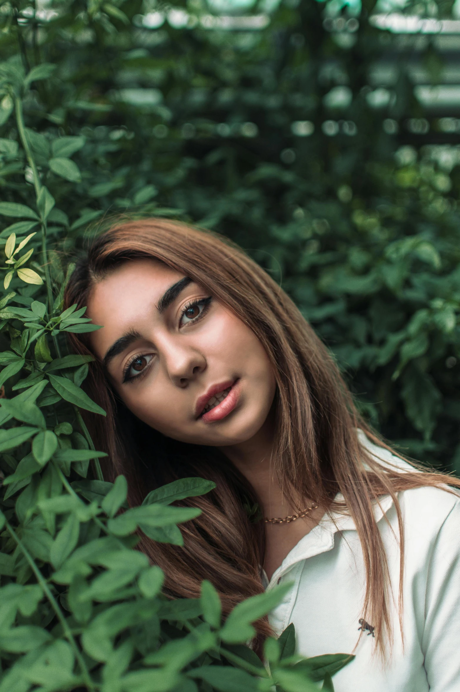 a young woman is posing amongst plants