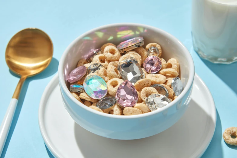 a bowl of cereal on a plate next to a glass of milk