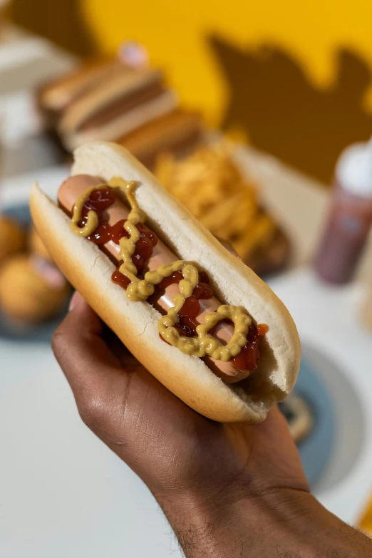 a person holding up a dog with various toppings on it