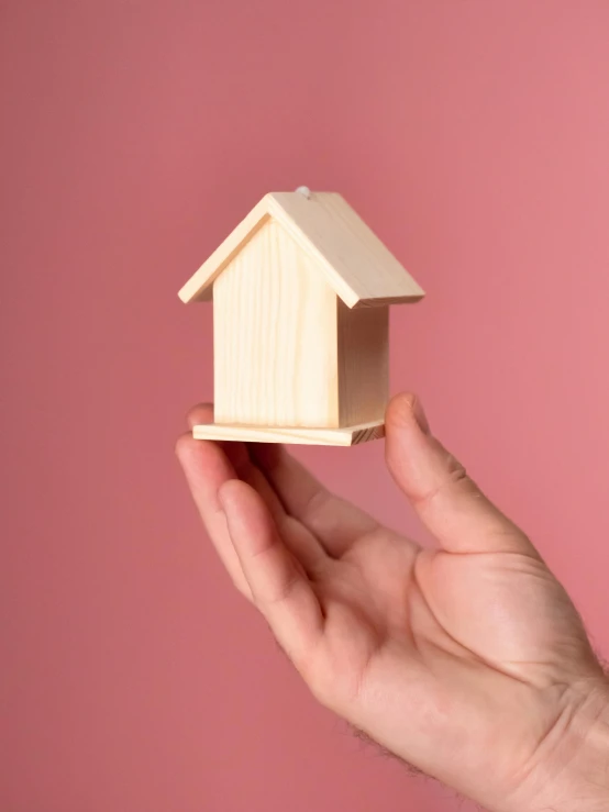 hand holding small wooden house in front of pink background