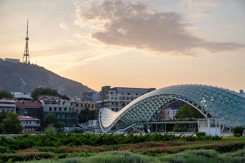 a long curved glass building on a hill