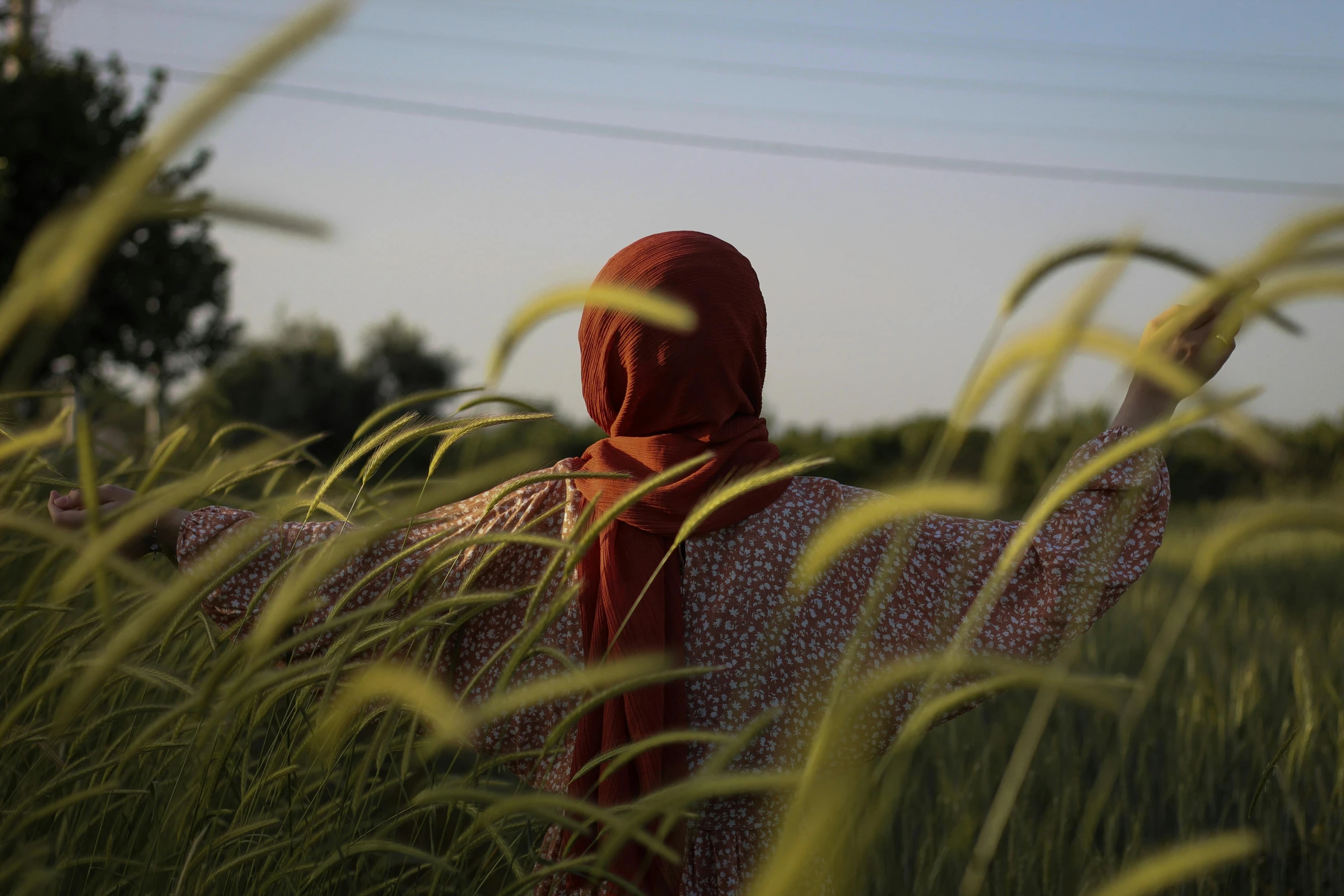 a woman in a long dress stands in a field