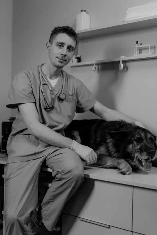 a man and a dog in a doctors office