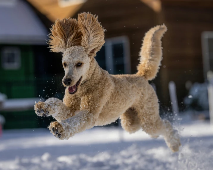 the dog is running outside in the snow