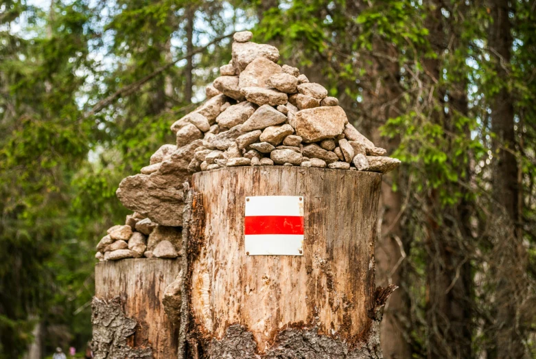 a wood pole with a pile of rocks on top