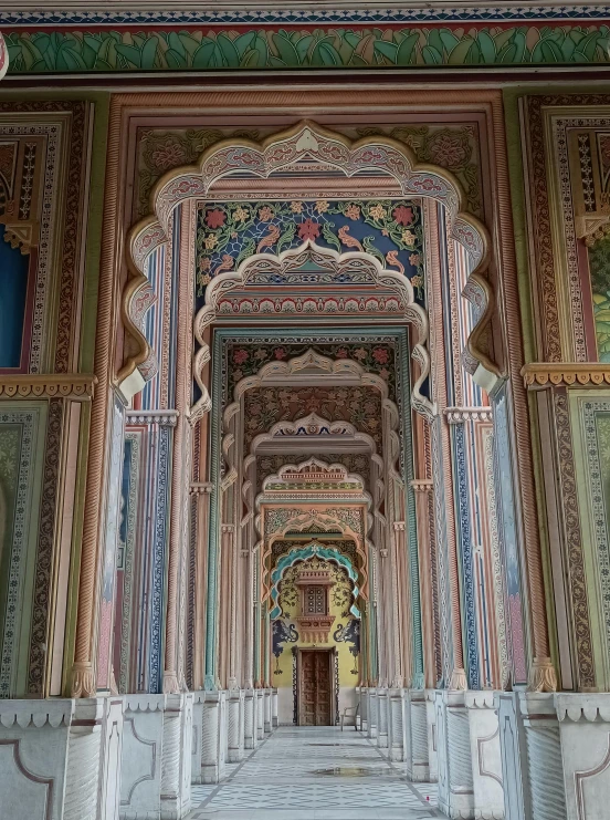 hallway between two different colored buildings