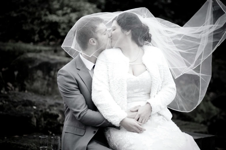 a man and woman kiss under a veil