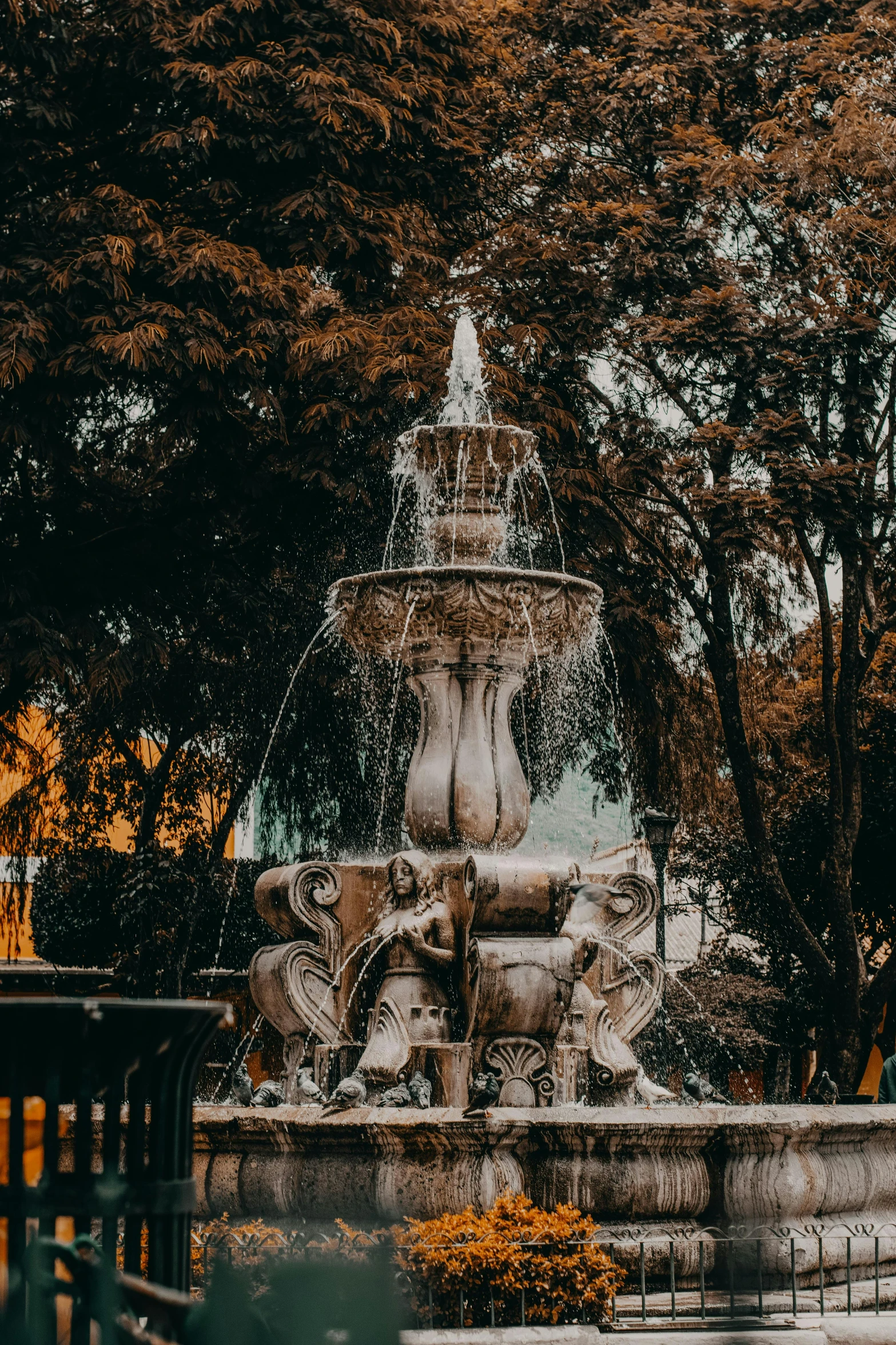 a large water fountain in a park