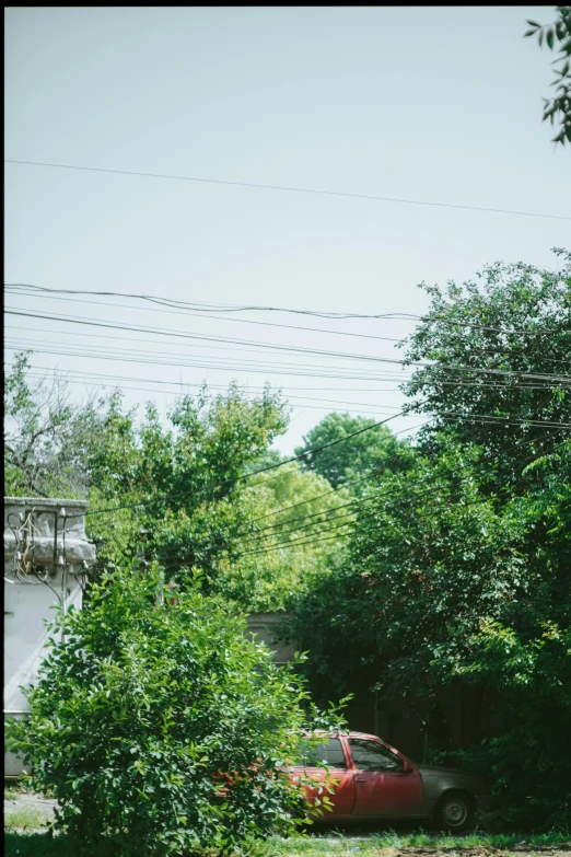 there is a red car that was parked among the trees