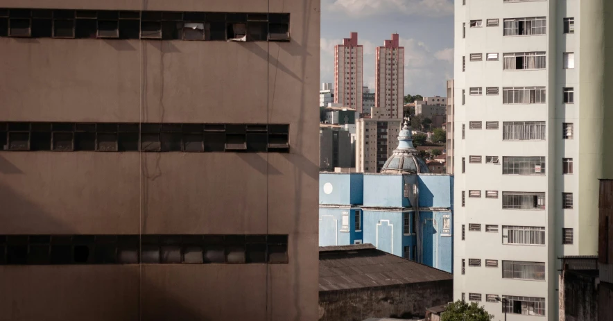 the view of the city from above a building