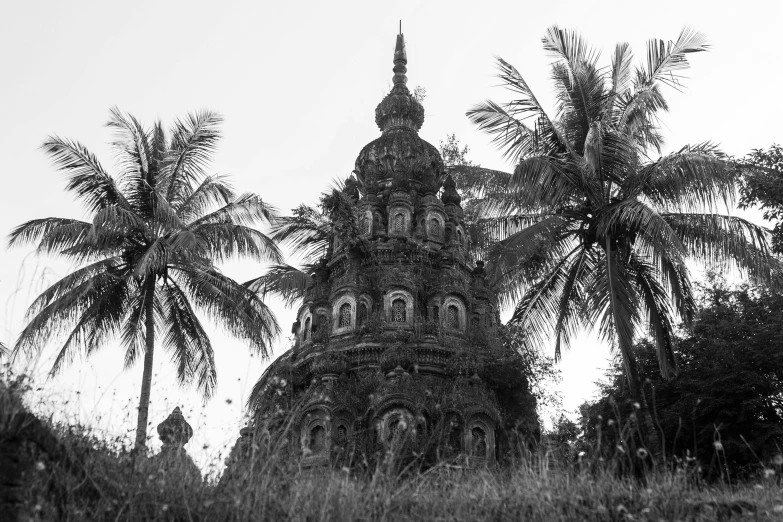 two palm trees next to a building with a steeple