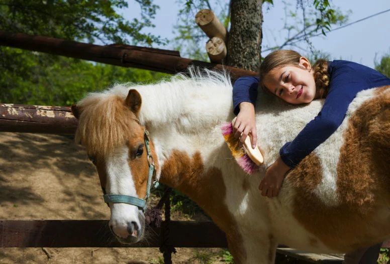 a girl is holding onto a small horse