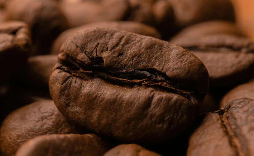 close up of a group of brown coffee beans