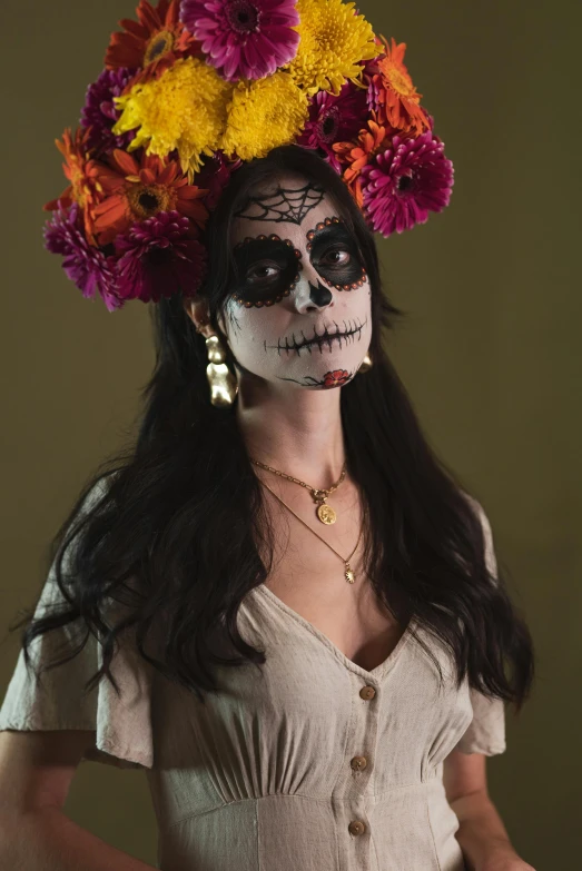 a woman in a costume with fake flowers