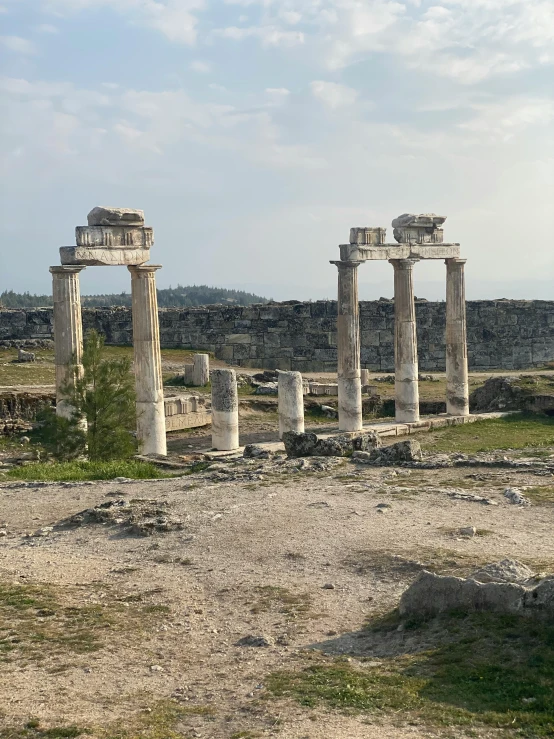 several old structures in an open field, one building with several columns