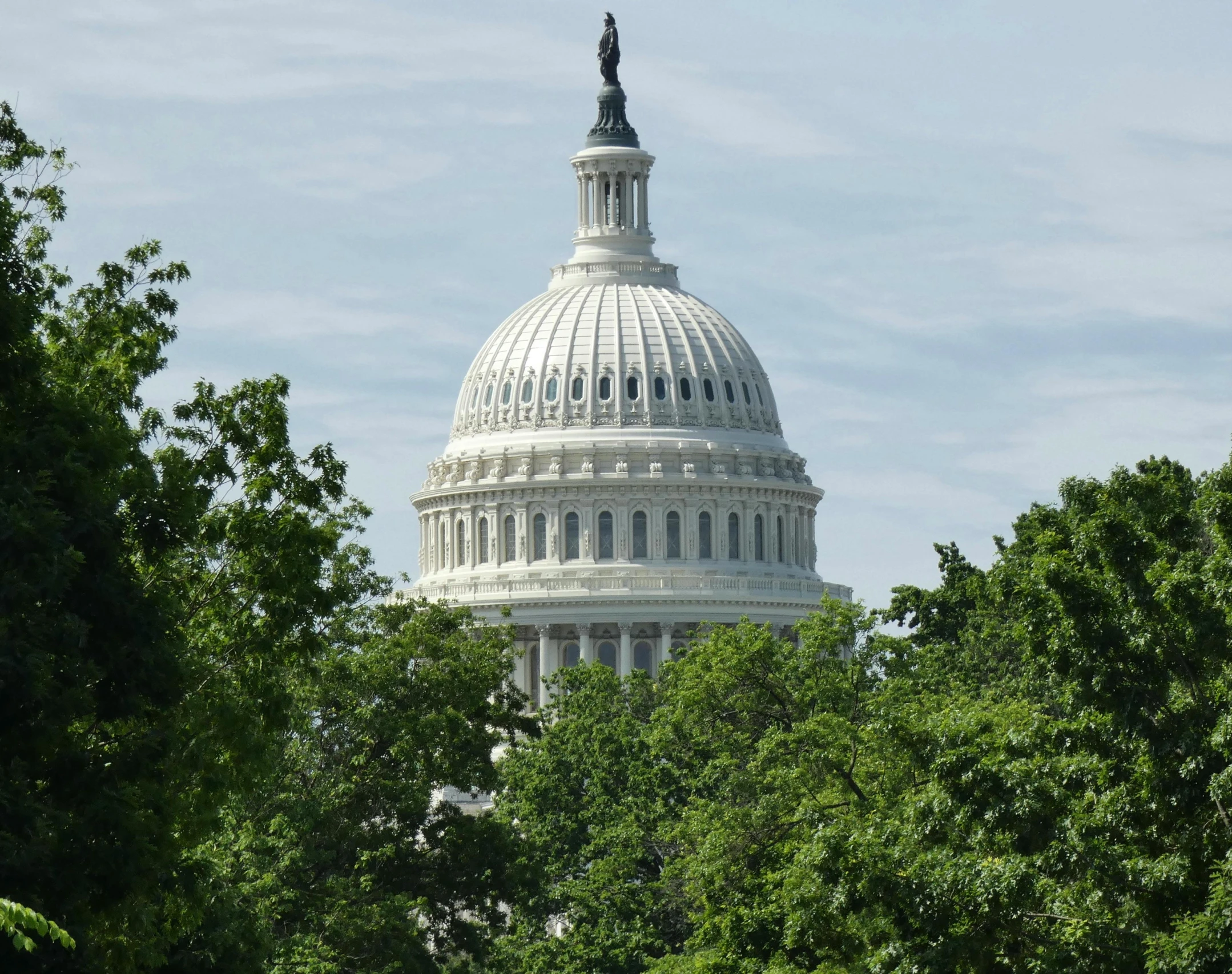 a view of the capitol building through some trees