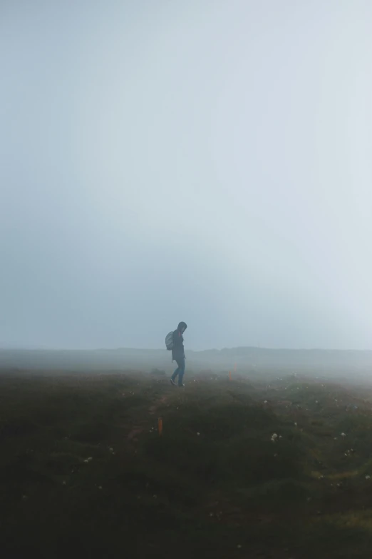 a man in a large field with fog