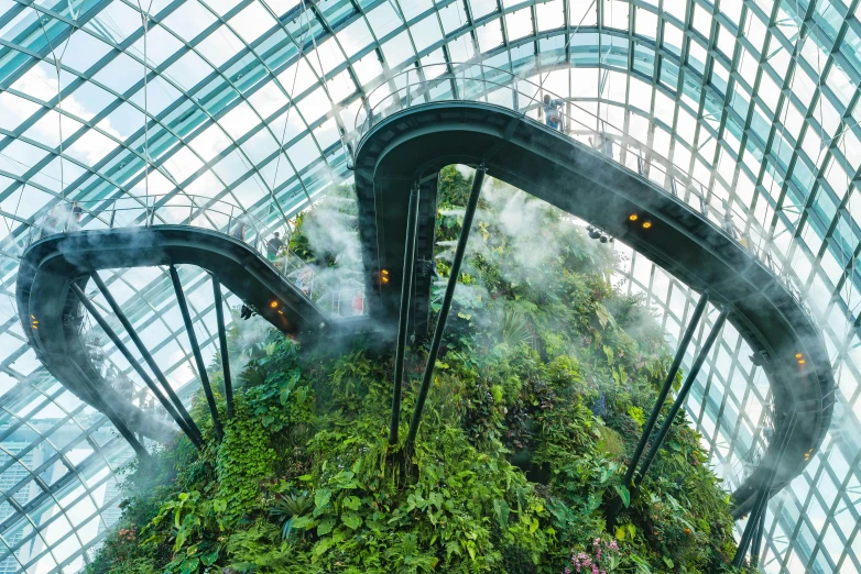 a tree grows in the center of this glass and metal structure