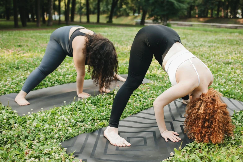 two women are practicing yoga in a park