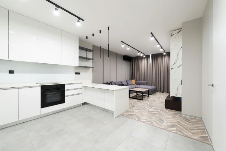 modern white kitchen with stainless steel appliances and open shelving