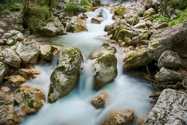 a stream that has rocks and green plants growing from it