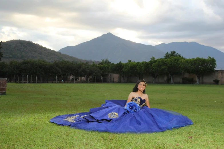 a woman sitting in the grass wearing a blue dress