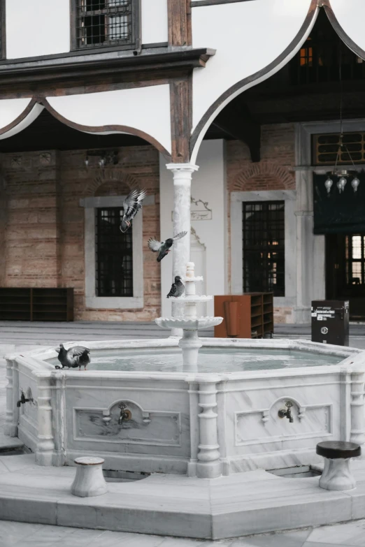 a fountain with some birds sitting on it