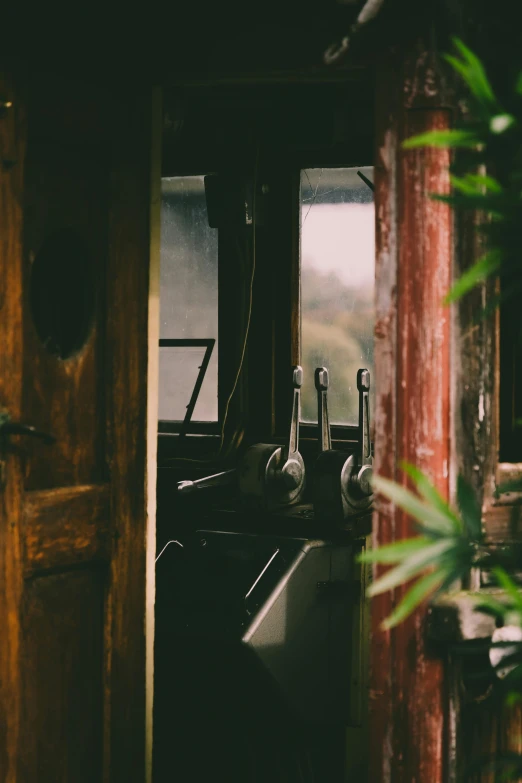 there is a kitchen with an old stove and a plant